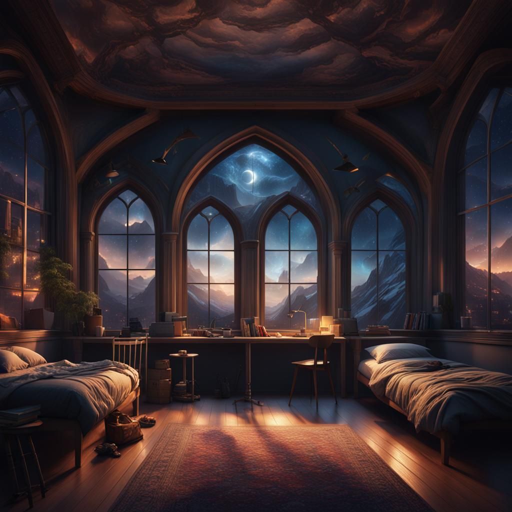 A  beautiful dorm with an arch window and it is night outside, with single beds