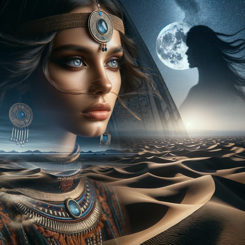 Egyptian Priestess Under Moonlit Desert Skies