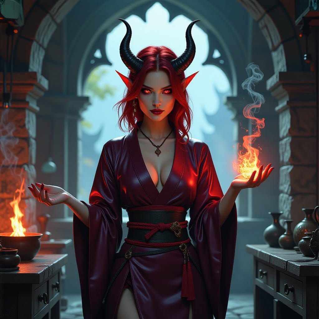 Tiefling Alchemist Mixing Explosives in Gothic Laboratory