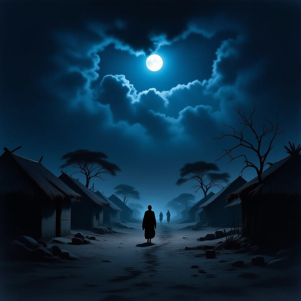 Dark African Village at Midnight in Chiaroscuro Style