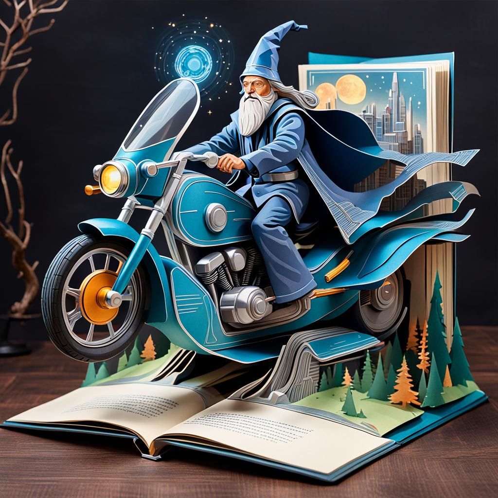 Wizard on Futuristic Motorcycle in Pop-Up Book