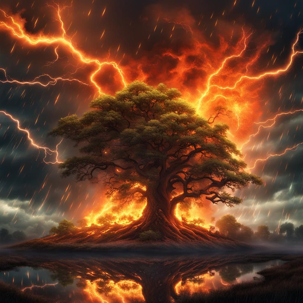 Tree on Fire from Lightning Strike