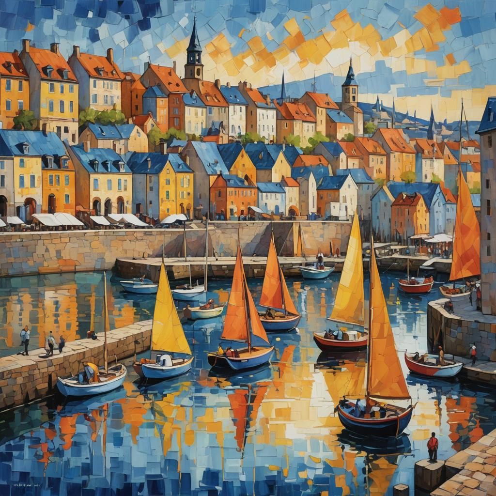 Vibrant Port City in Expressionist Impasto Style