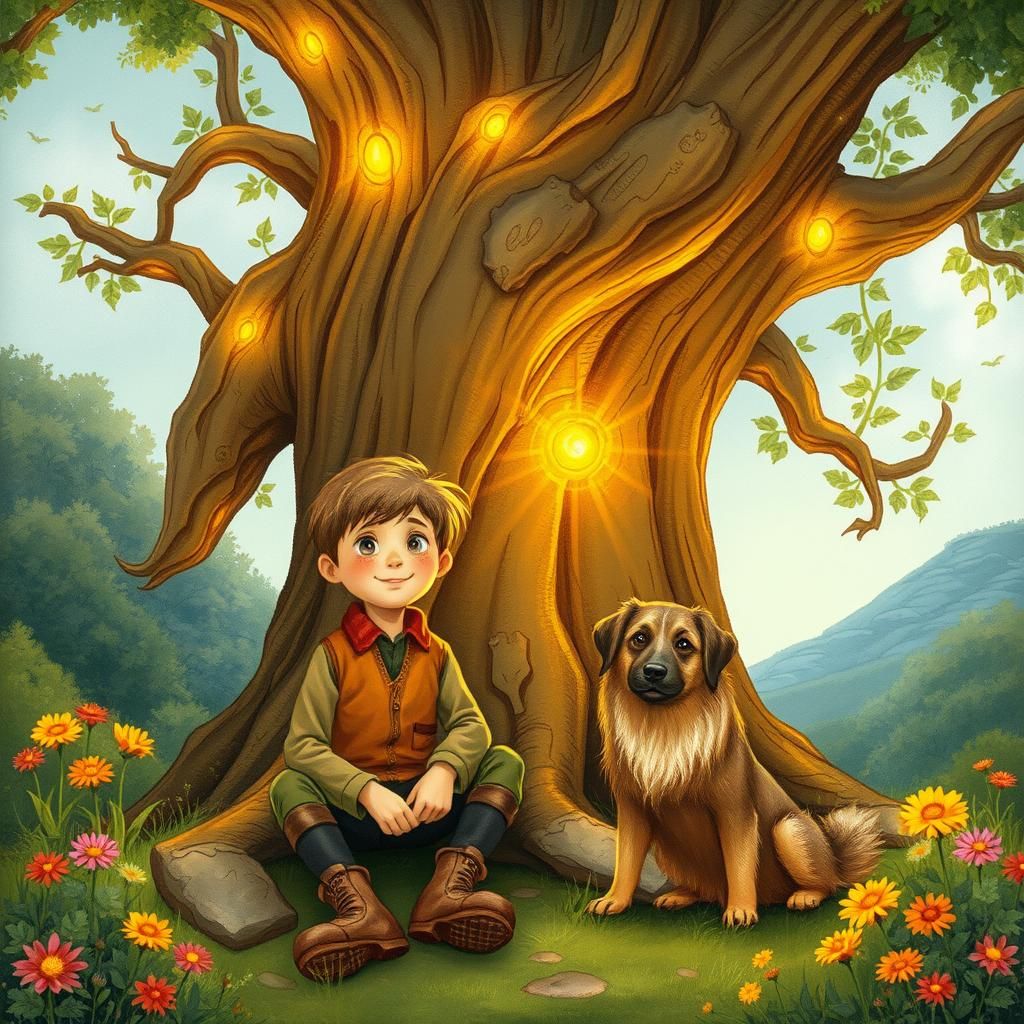 Boy and Dog Under Magical Tree Illustration