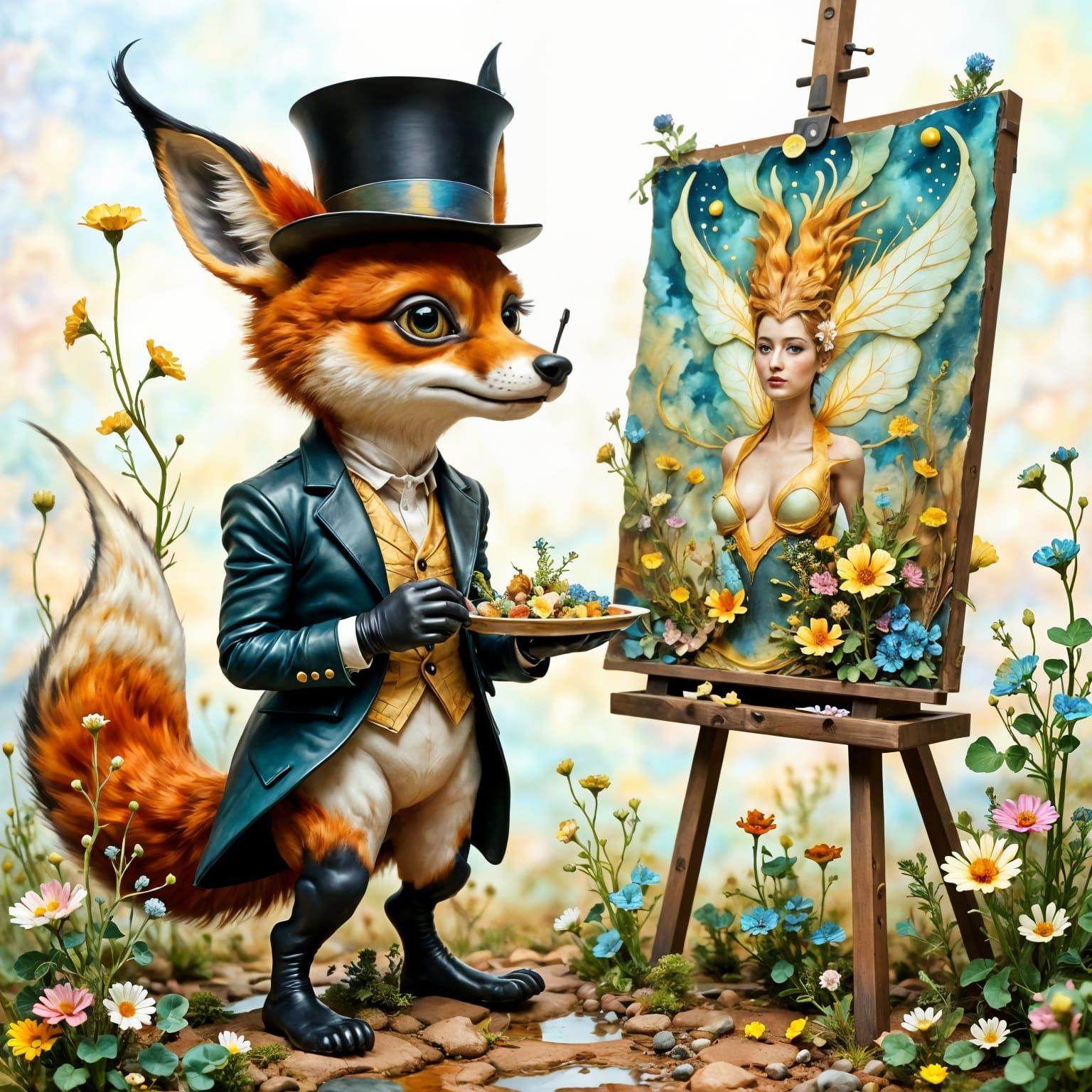 Fox Painting Fairy Portrait in Watercolor Style