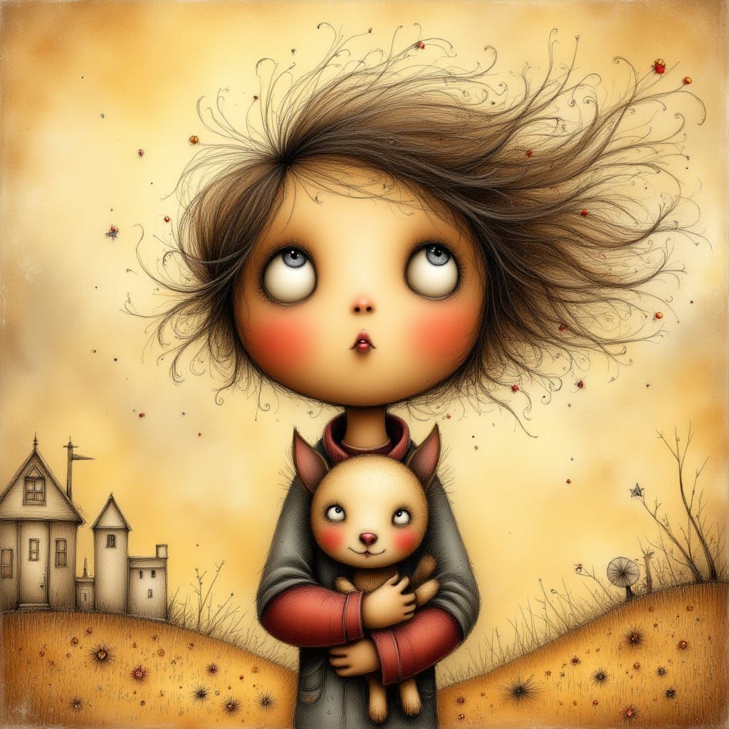 Storybook Girl Holds Dog Hopeful In Warm Light