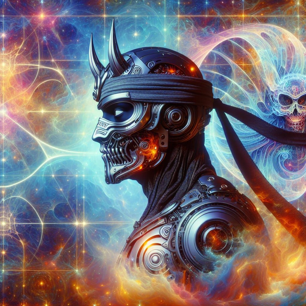Cybernetic Ninja with Demon Mask in Cosmic Setting