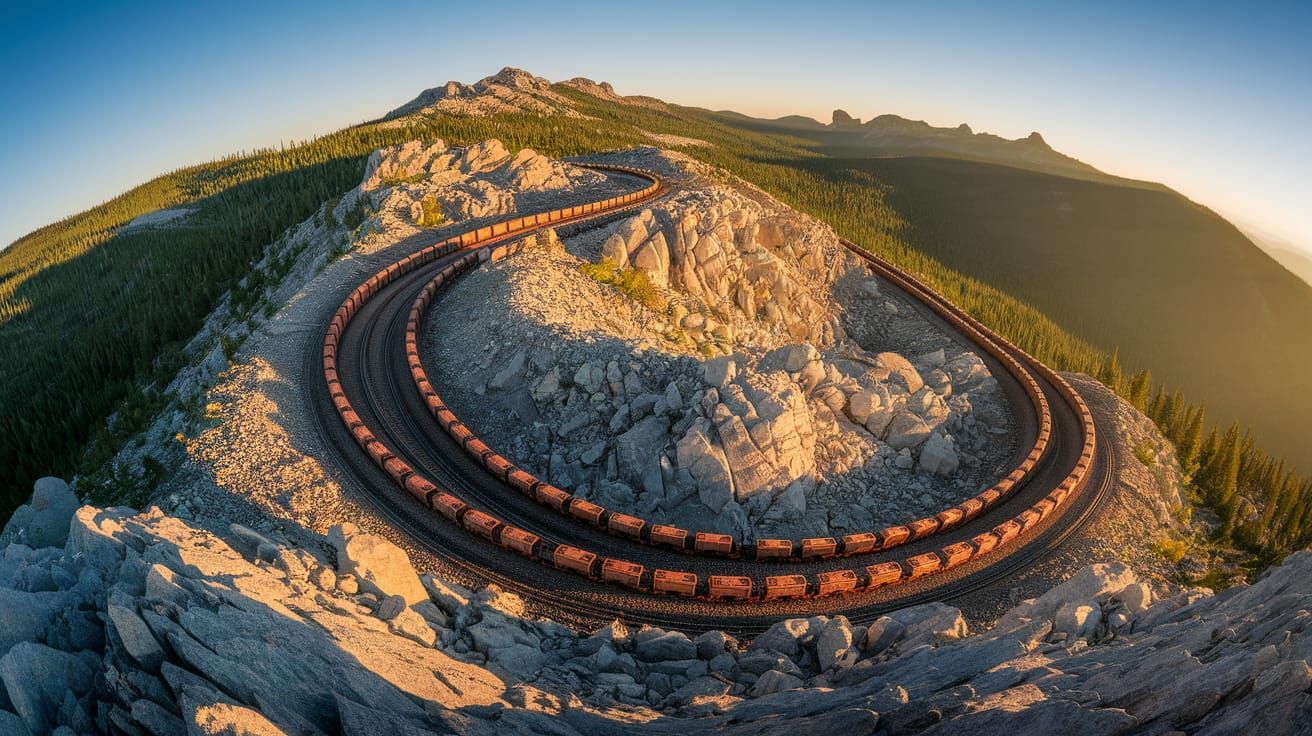 Freight Train Winding Down Rocky Mountainside in Panoramic V...