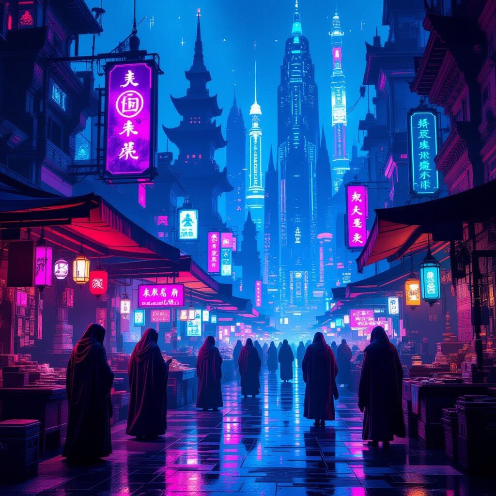 Cyberpunk Metropolis Marketplace with Ancient Figures