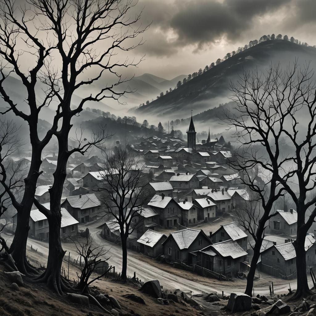 Creepy Mountain Village with Cemetery: Dark Fantasy Art
