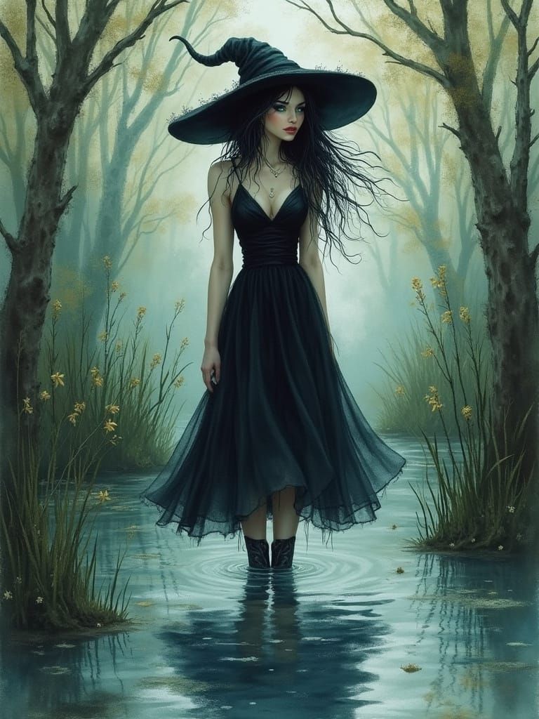 Whimsical Swamp Witch in Retro Watercolor Style