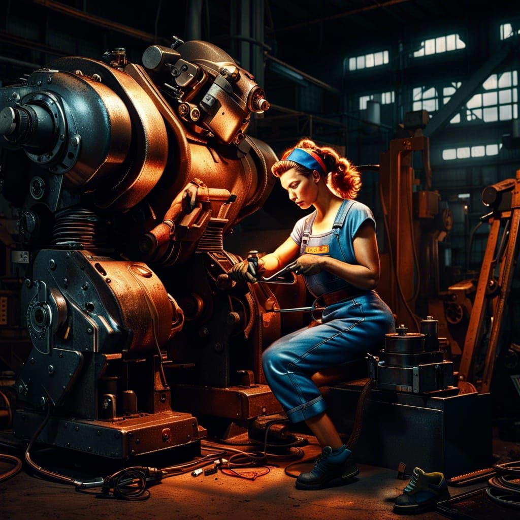Rosie Riveter Repairs Mecha: Industrial Sci-Fi Art