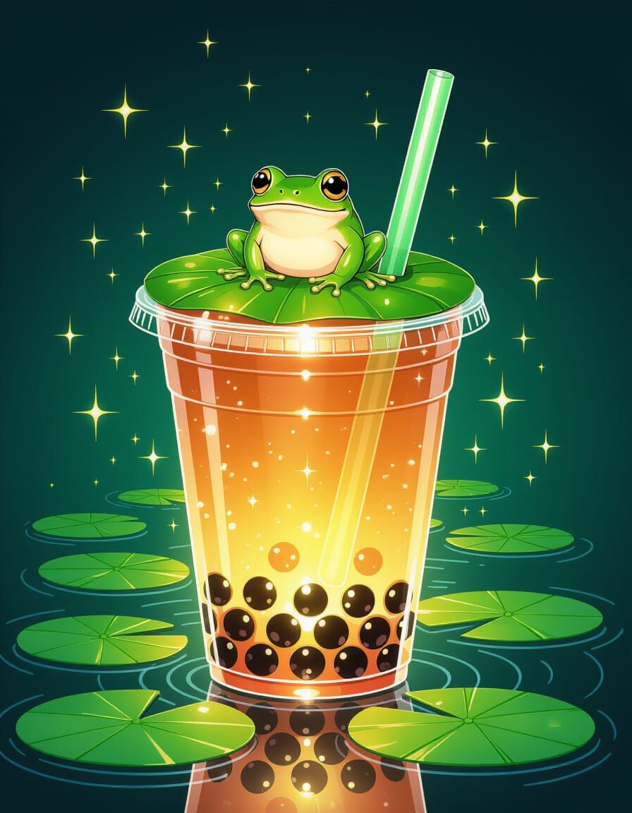 Frog Boba Tea Fantasy Art in Pointillism Style