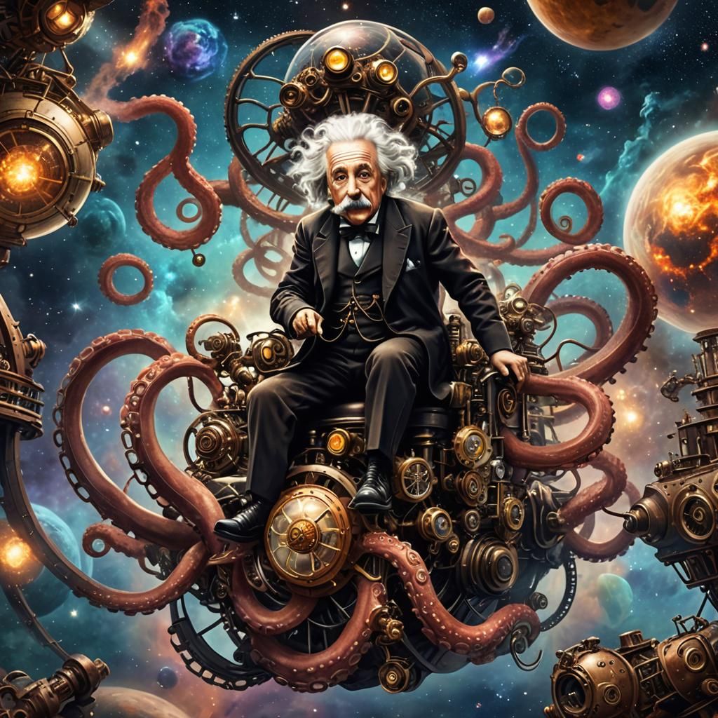 Einstein Rides Octopus in Space: Steampunk Engine