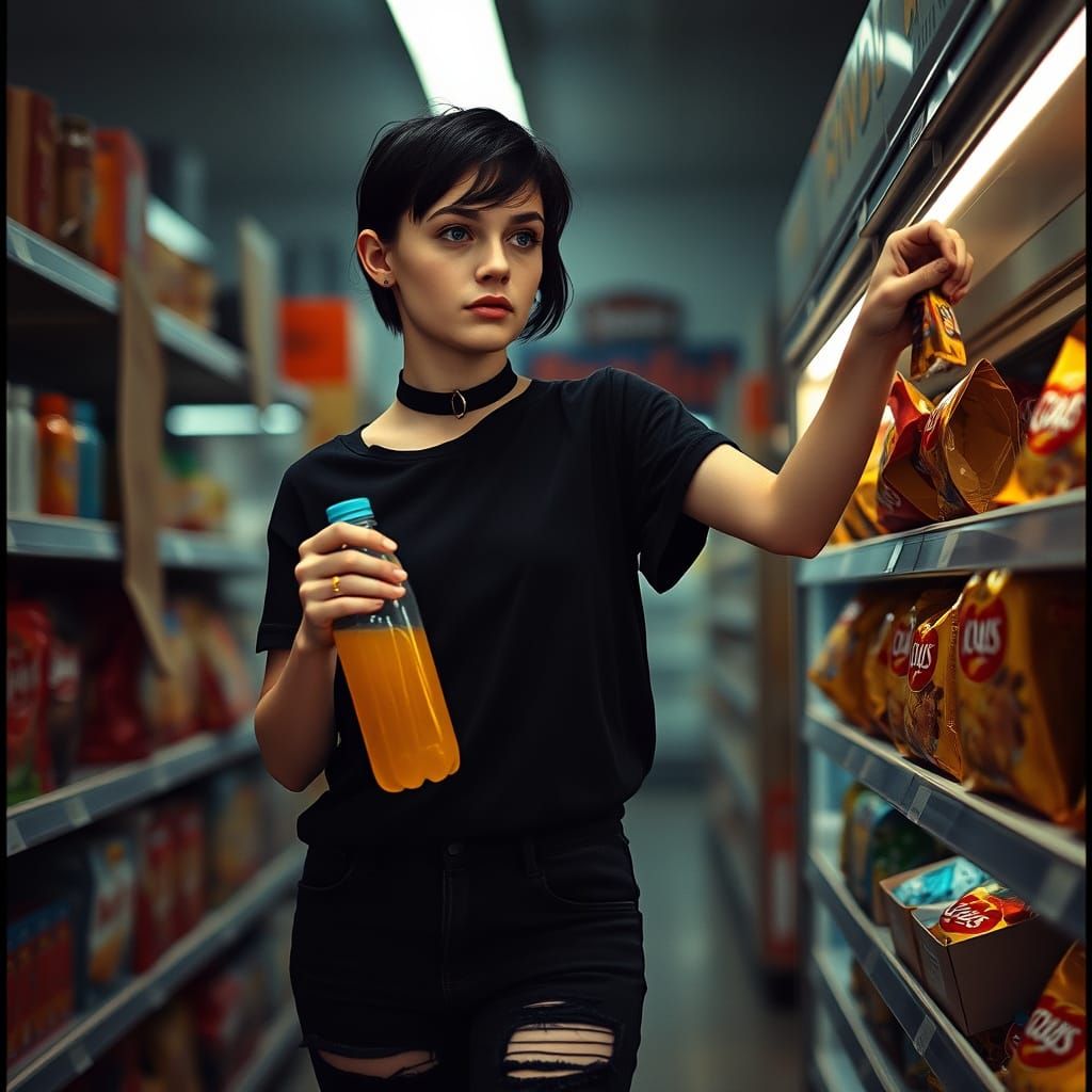 Cinematic Convenience Store Scene with Woman