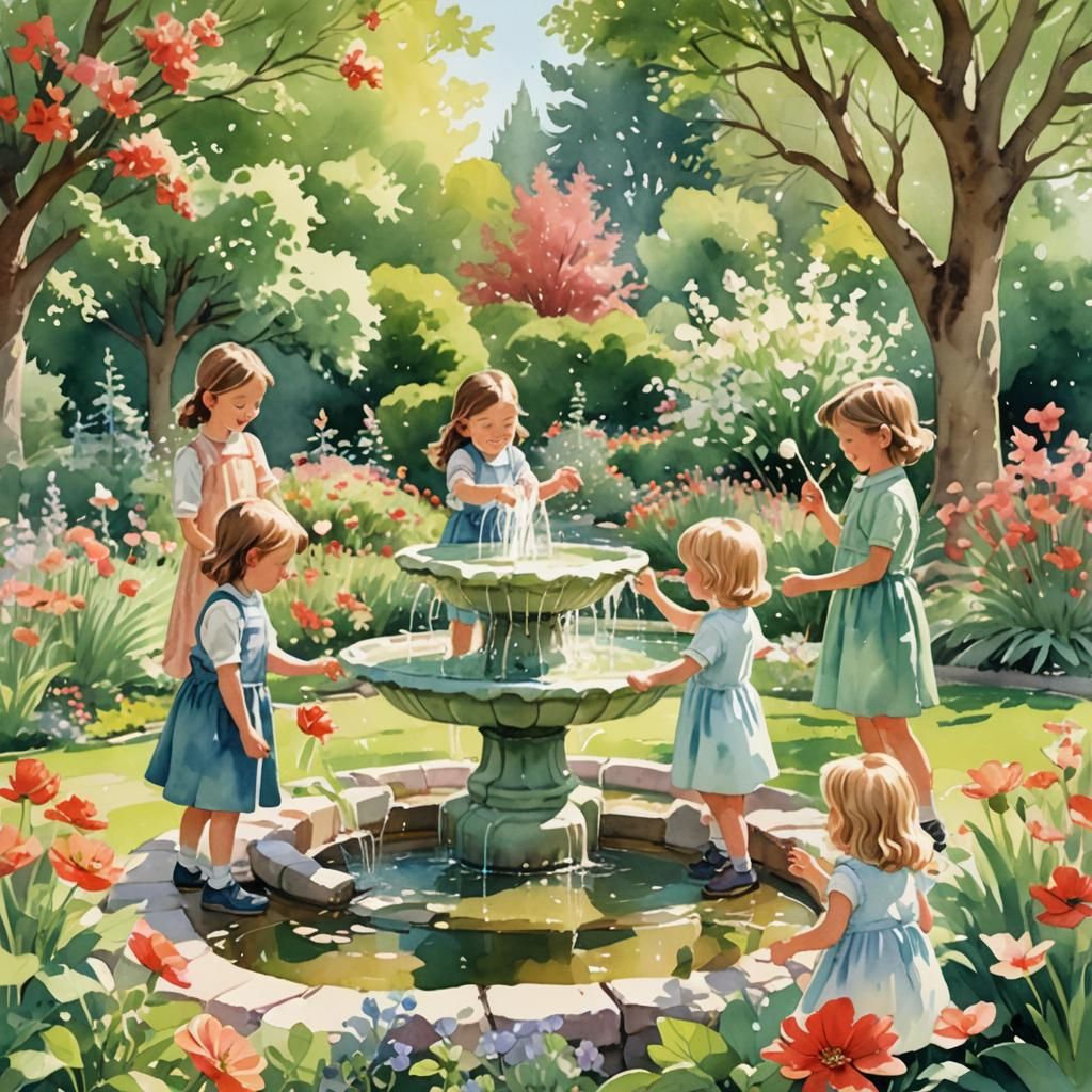 Whimsical Children's Illustration: Spring Garden Fountain