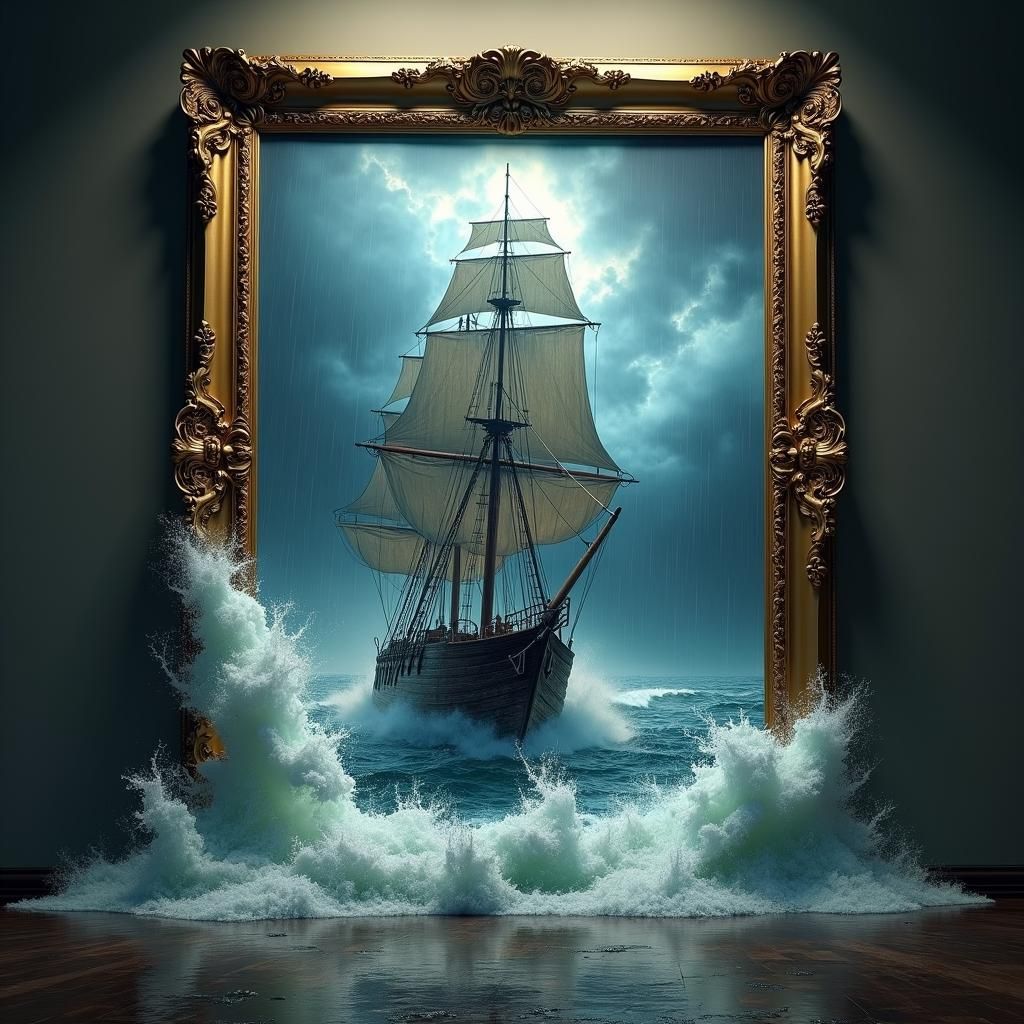 Epic Pirate Ship Emerges from Picture Frame in Stormy Seas