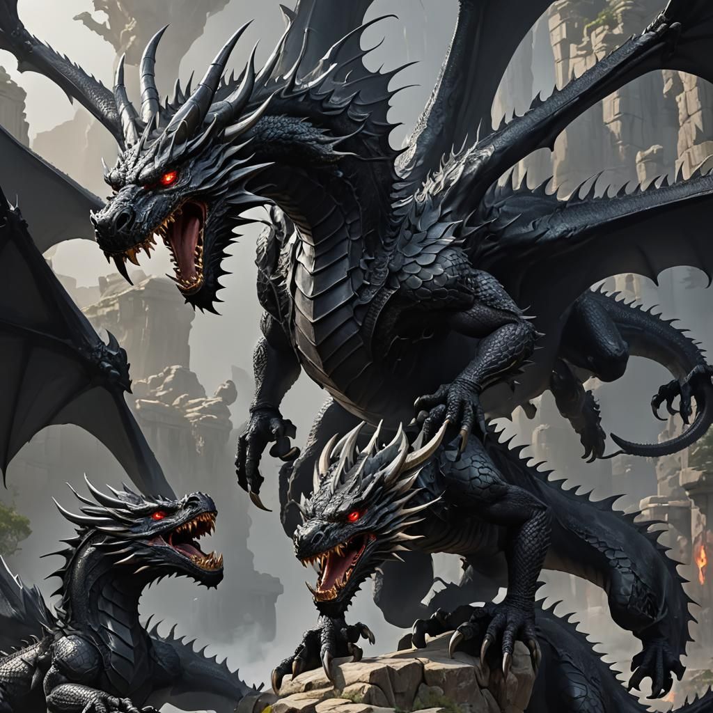 Three-Headed Black Dragon in 3D Anime Style
