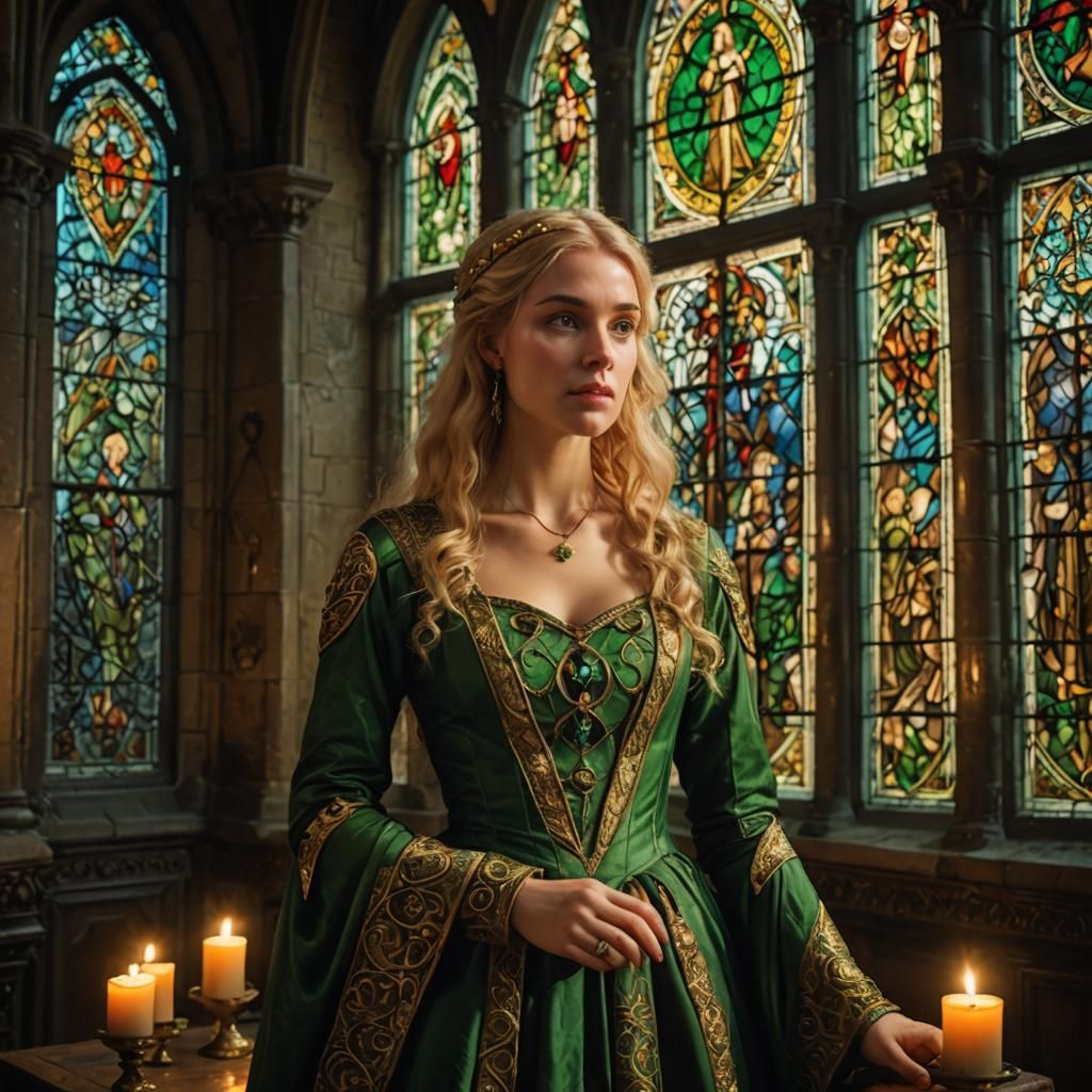 Medieval Woman in Ornate Room with Candles