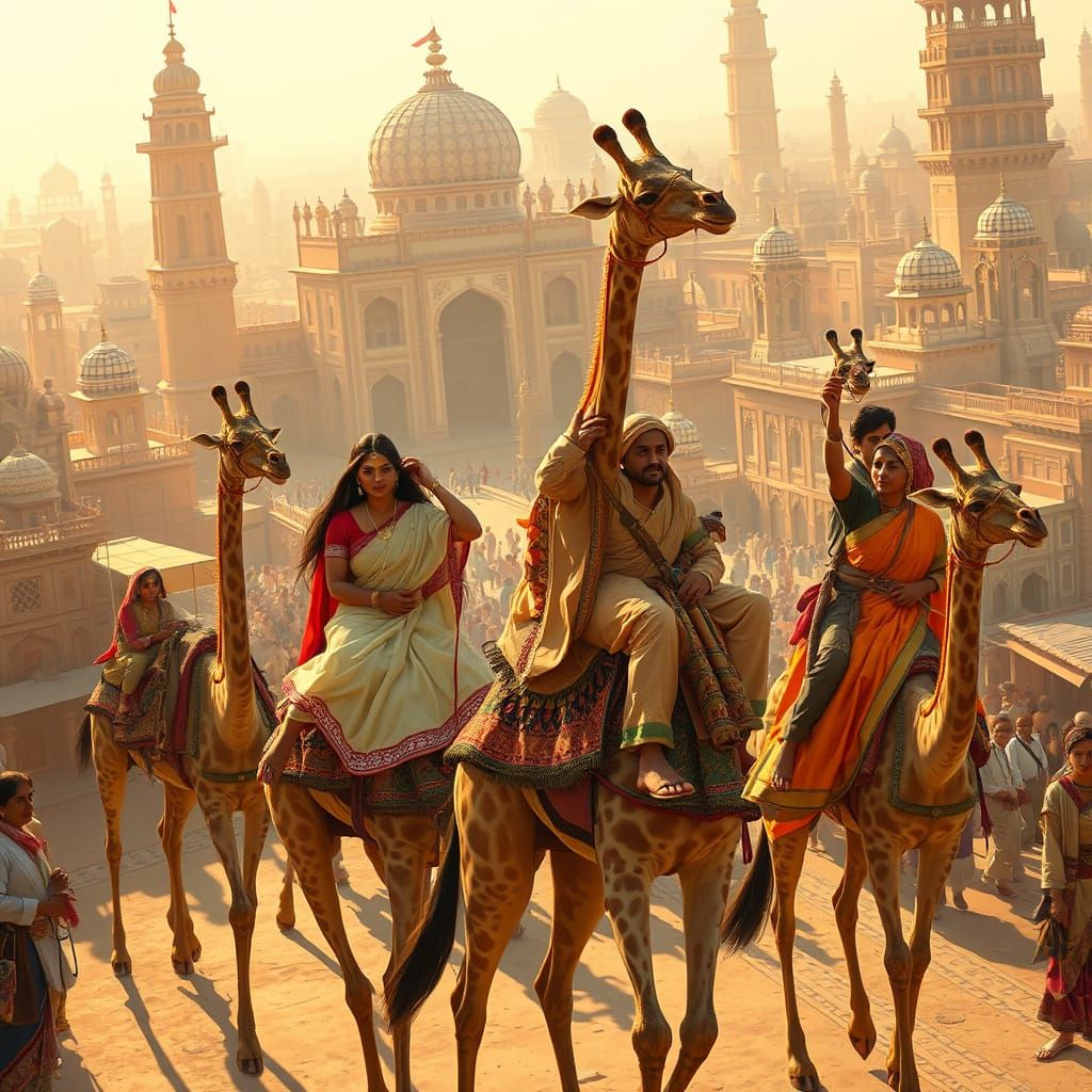 Indians Riding Giraffes Through Picturesque City