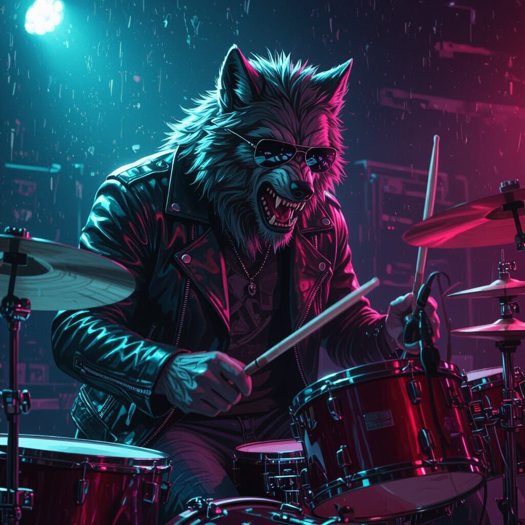 Wolfman Drummer in Neon Digital Painting
