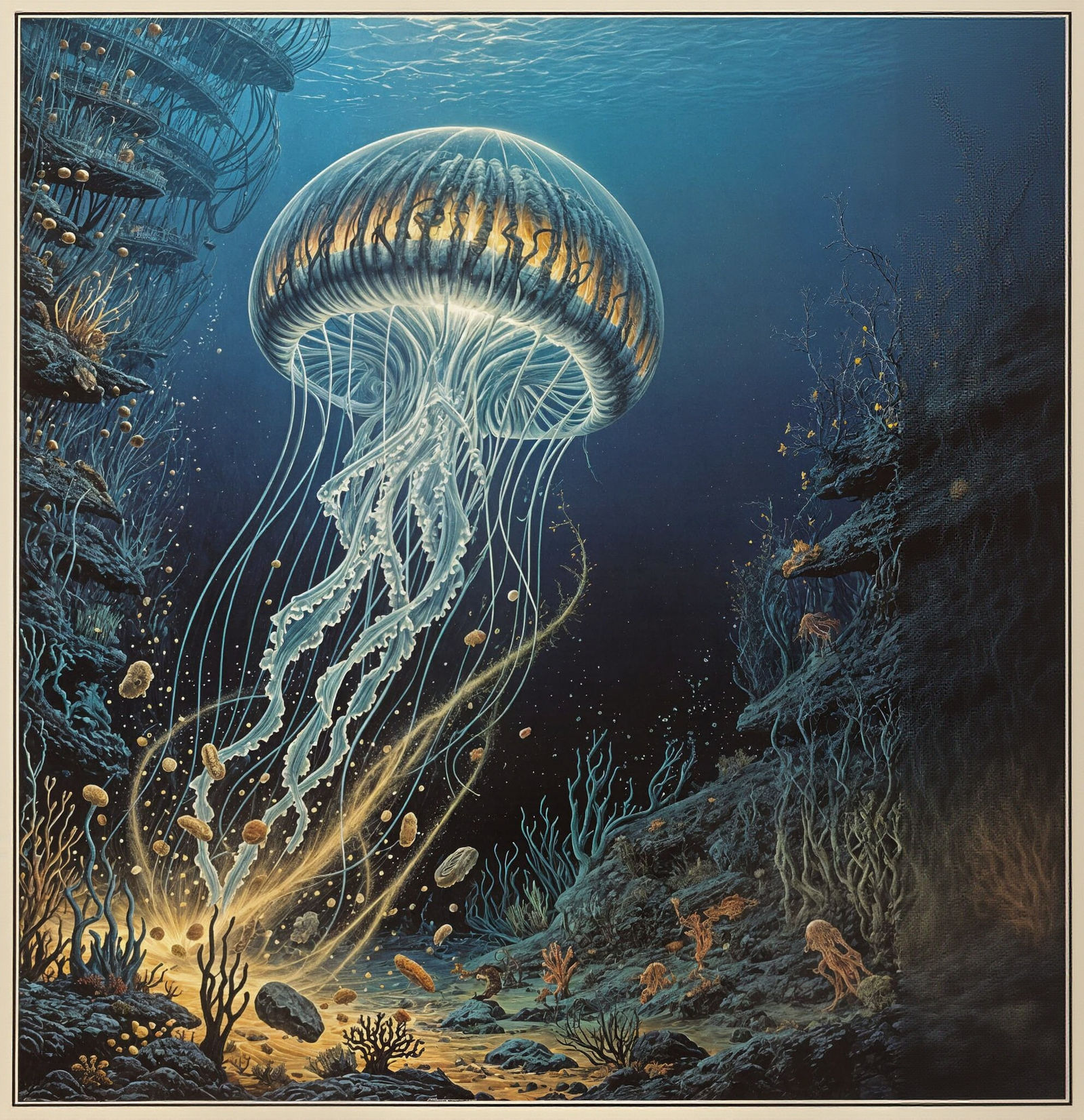 Bioluminescent Jellyfish Drifting Through Deep Ocean, Vintag...