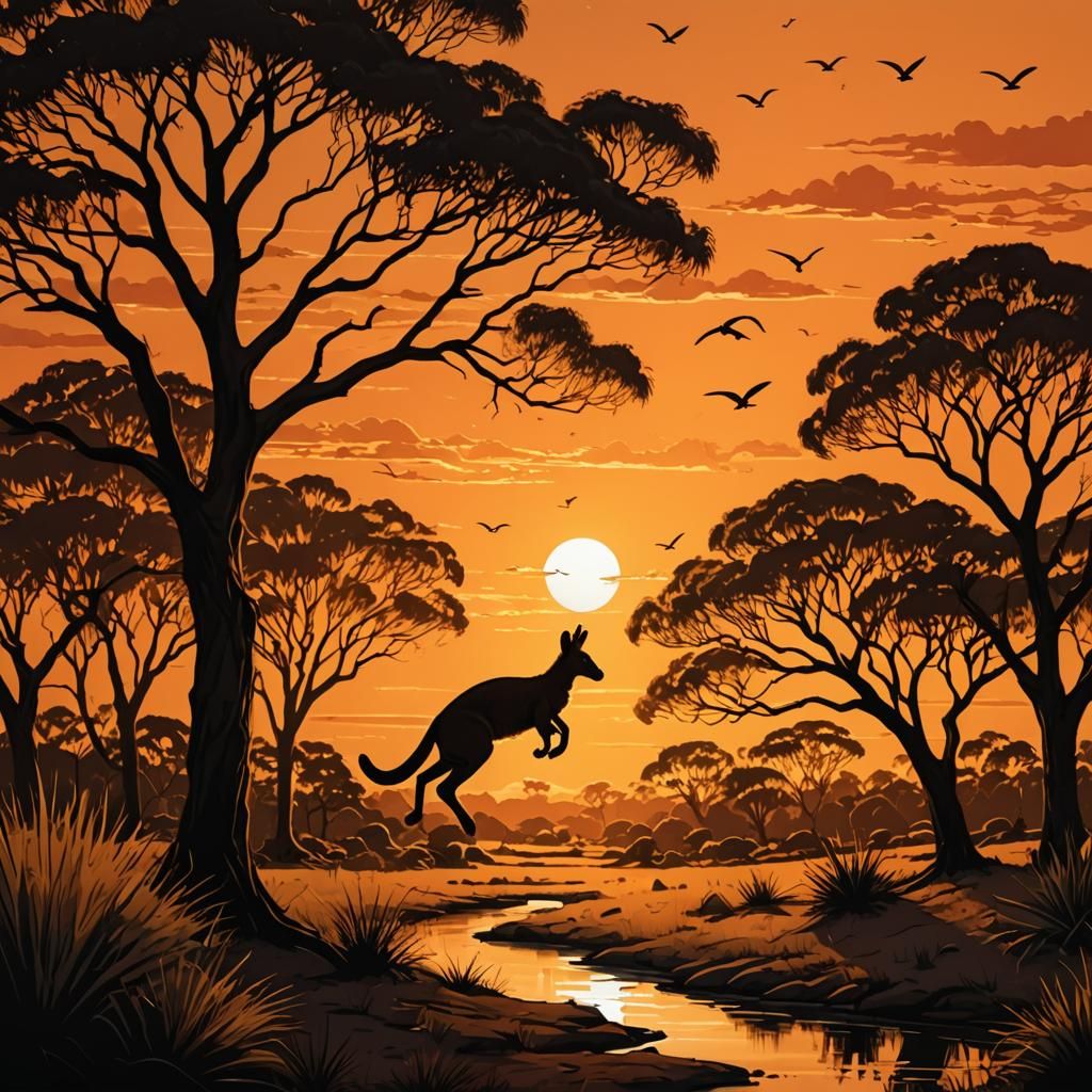 Kangaroo Silhouette Jumping in Australian Sunset
