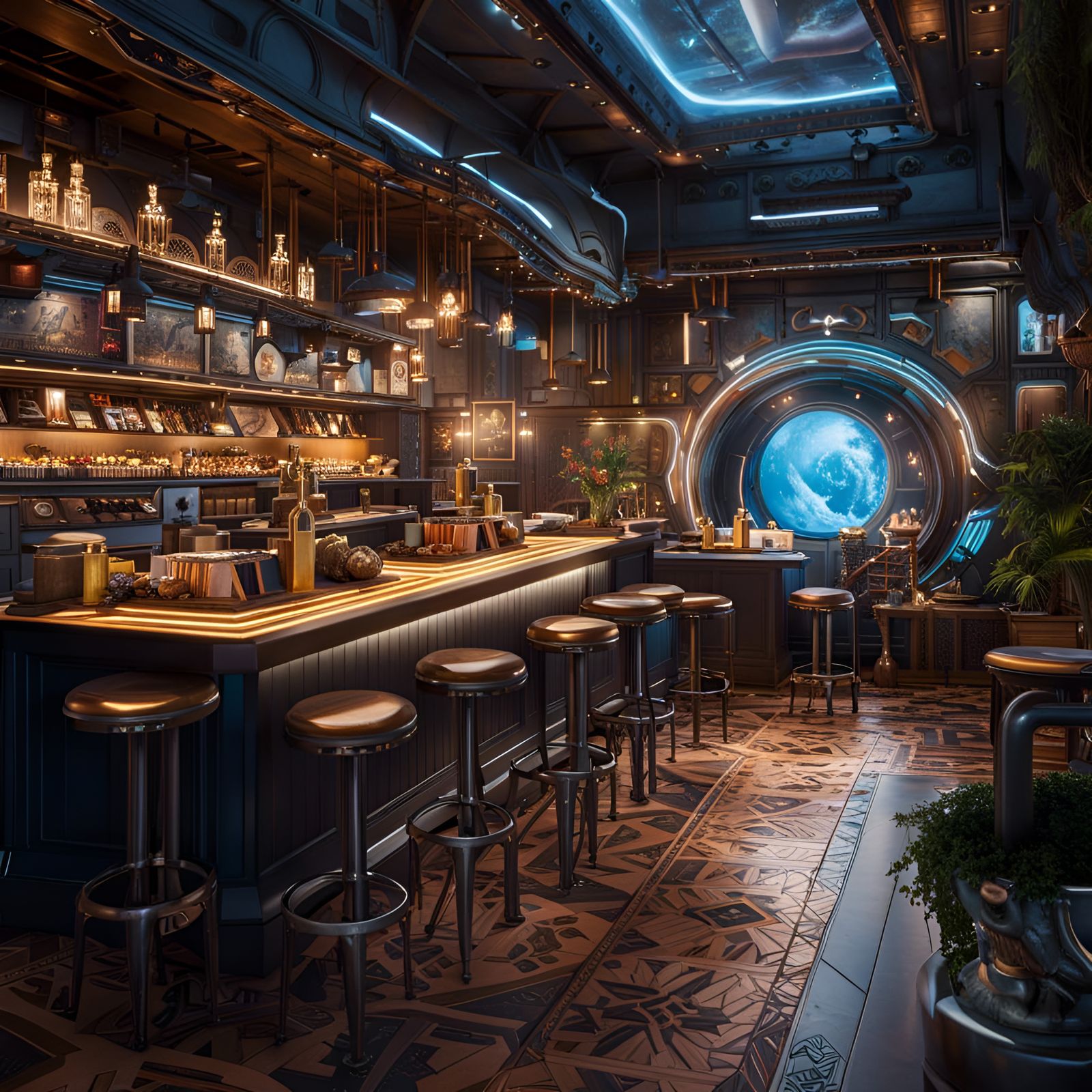 Futuristic Coffee Shop in Space with Neon Lights