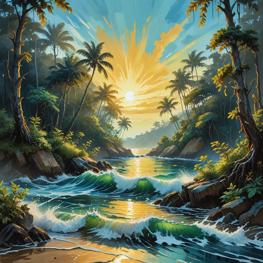 Drifting Forest Oases Above Ocean in Impressionist Style