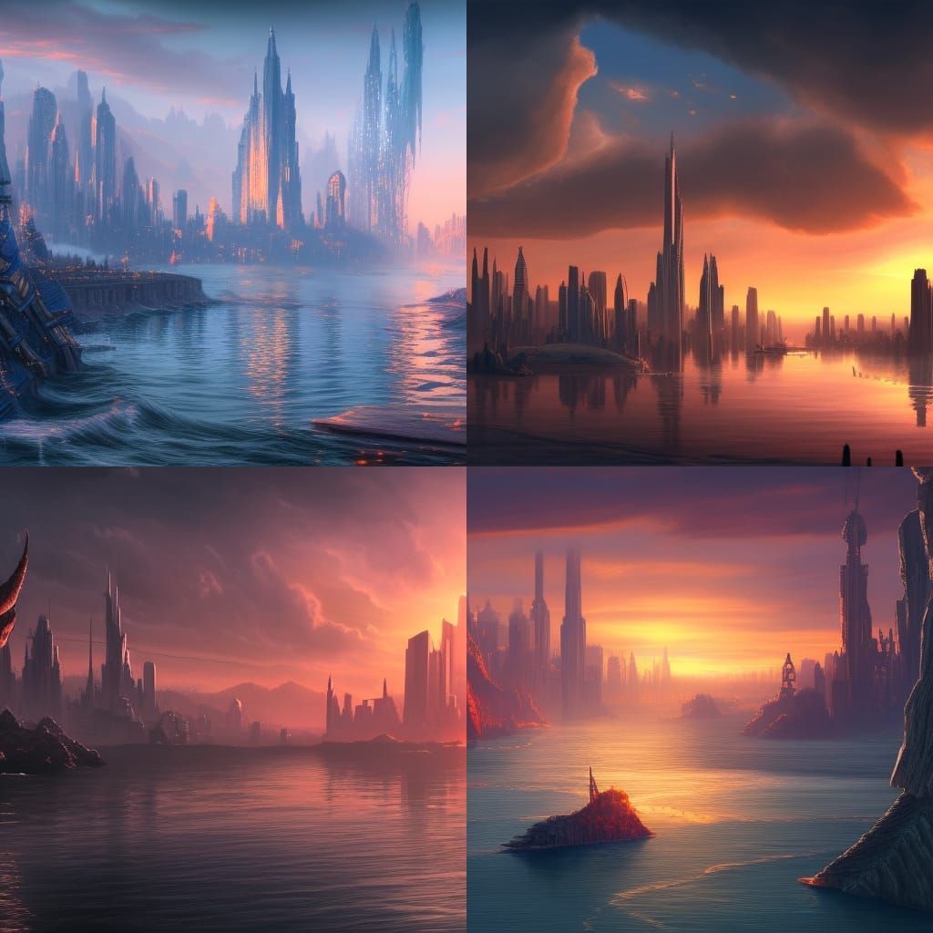 City skyline across the water at sunset