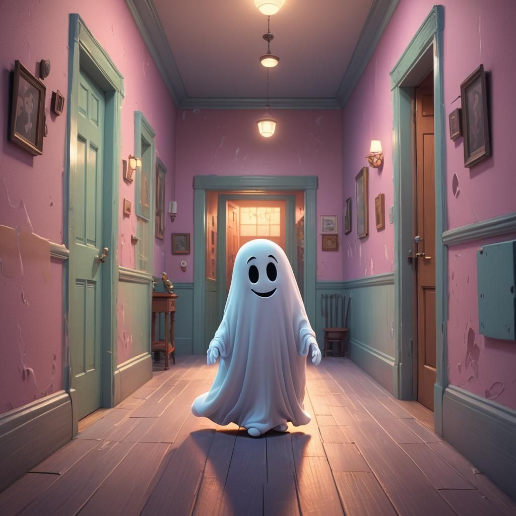 Cute Ghost Floating in Haunted House: Pixar Style