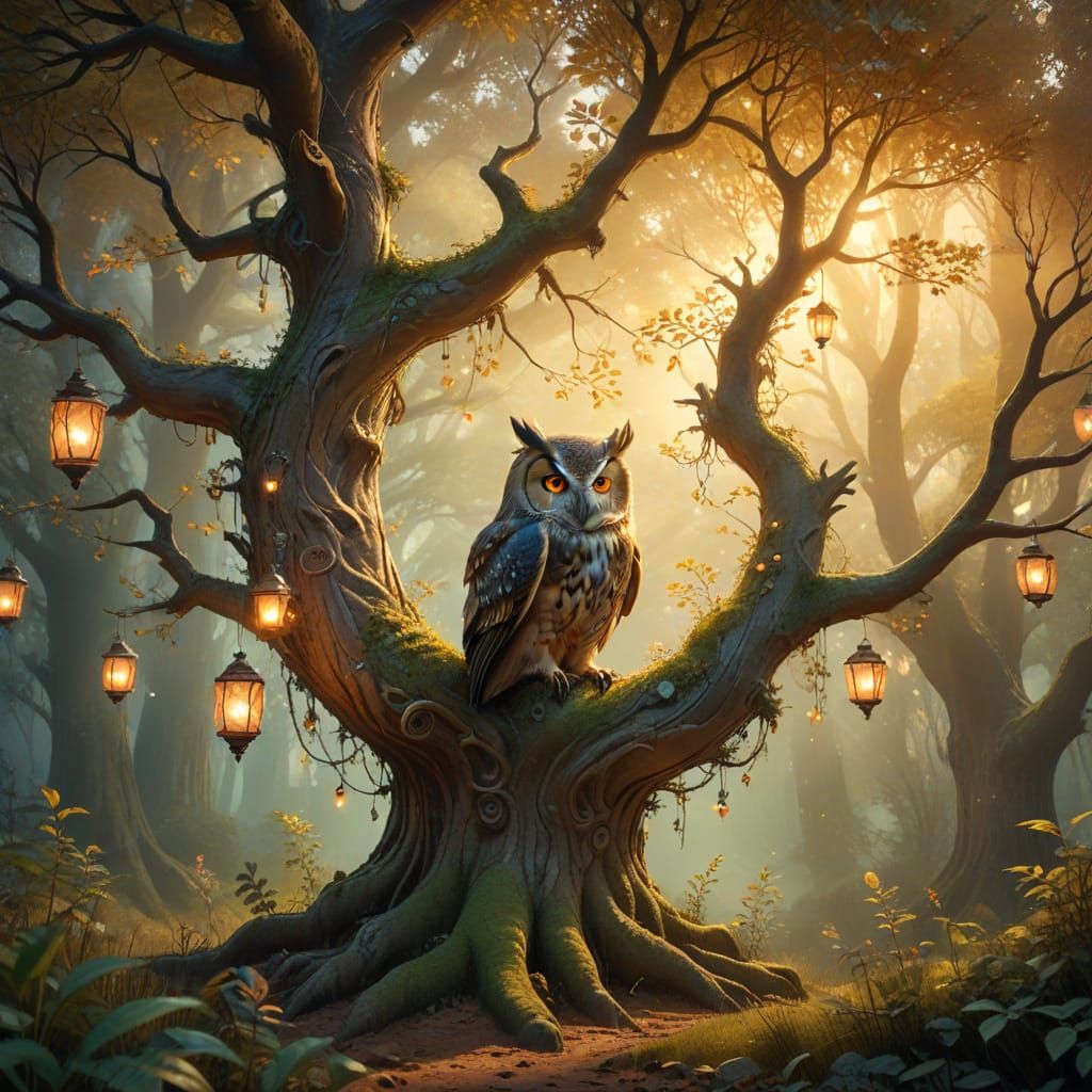 Ancient Guardian Tree in Whimsical Fantasy Landscape