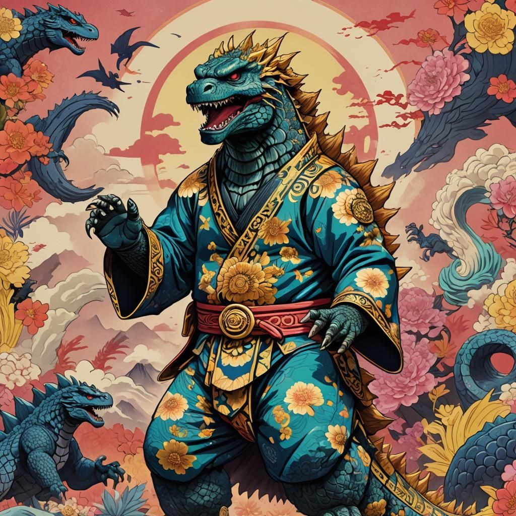 Godzilla in Versace Kimono: Ukiyo-e Style