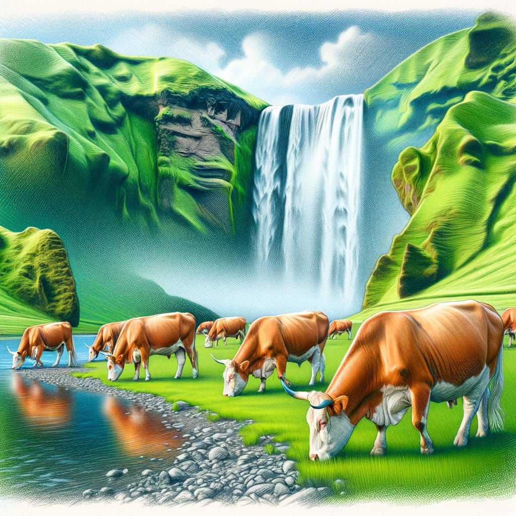 Serene Cattle in a Colour Pencil Sketch Meadow