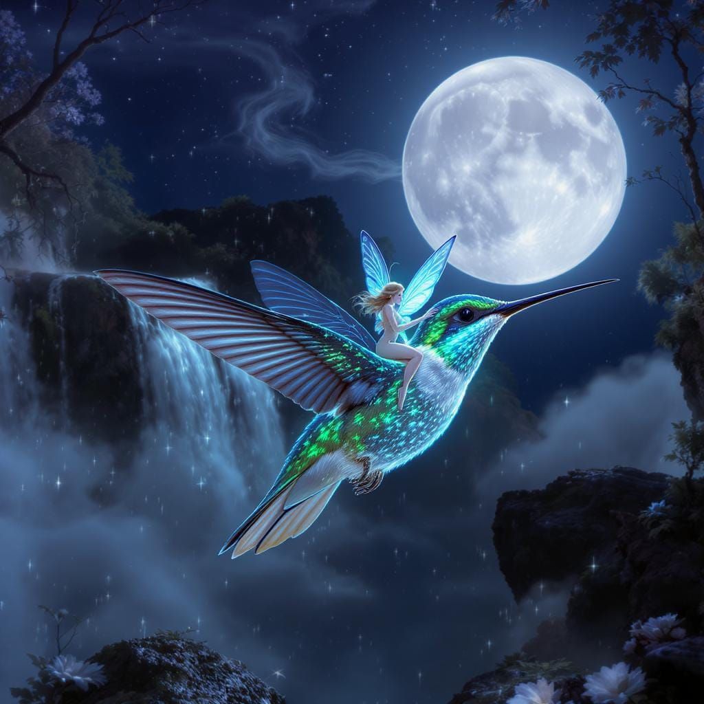 Fairy Riding Bioluminescent Hummingbird Over Moonlit Waterfa...