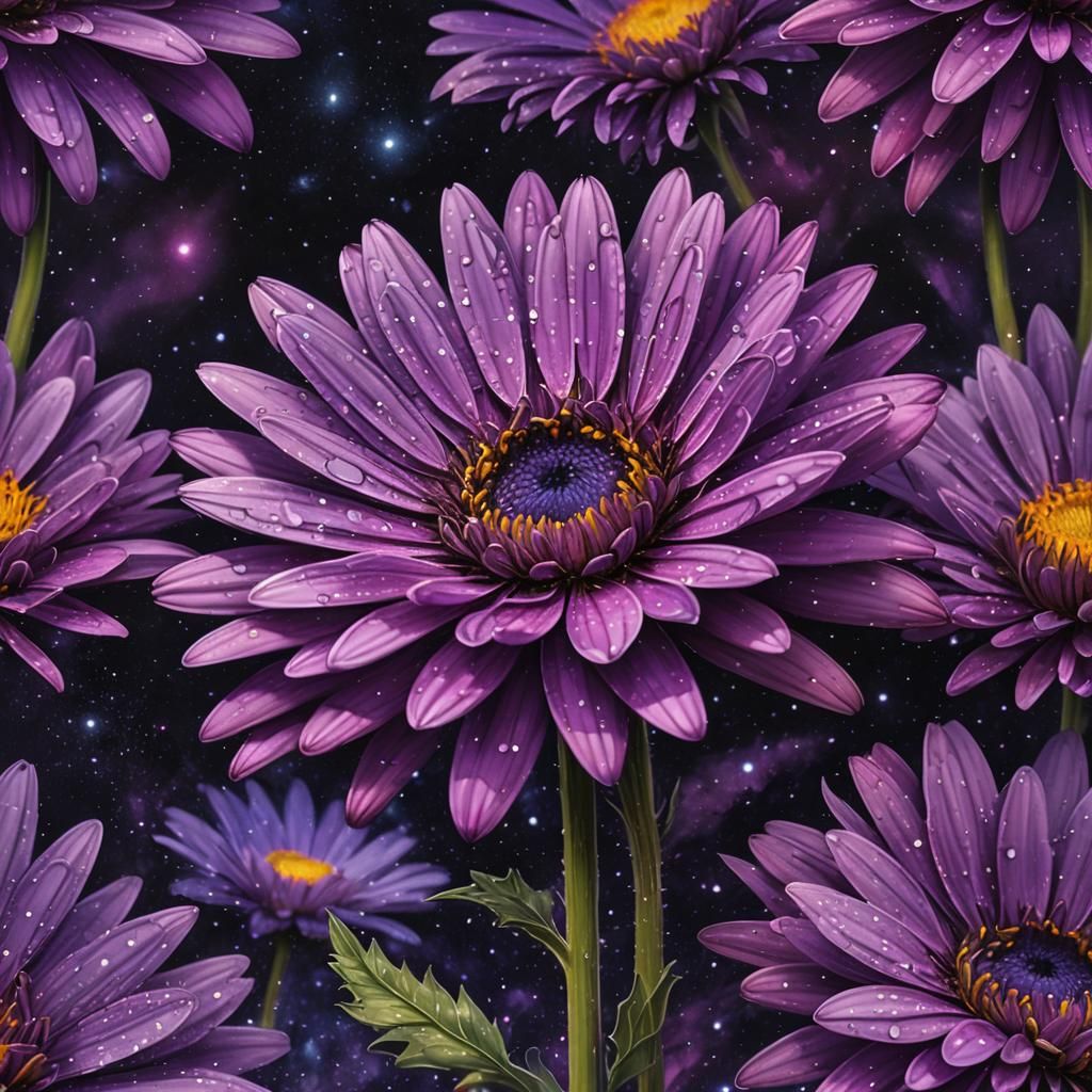 Purple Daisy in Cosmic Holographic Illustration