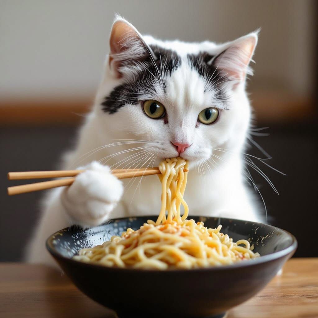 Cat Eats Ramen: Realistic Portrait with Studio Lighting
