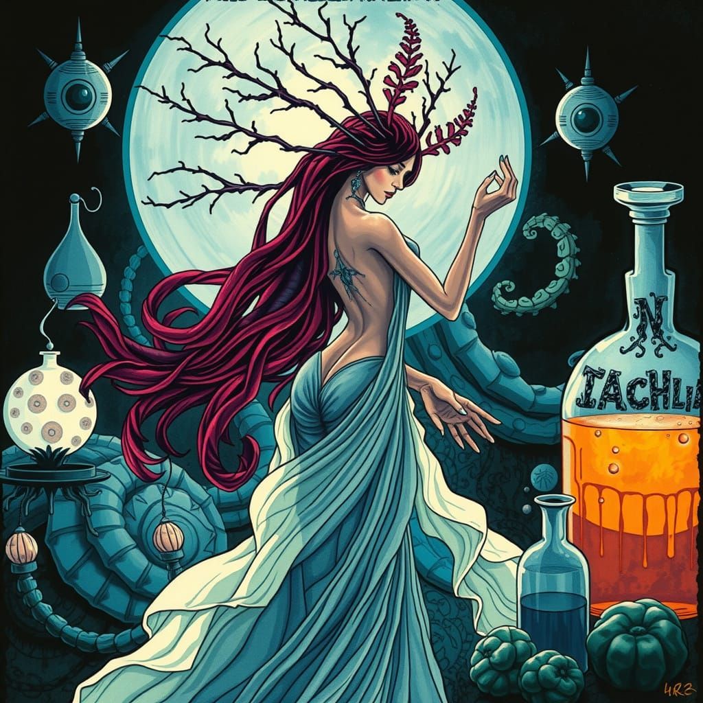 Flowy dystopian dryad woman in laboratory. cel-shaded alcohol ink scene. Henri Matisse. HR Giger.