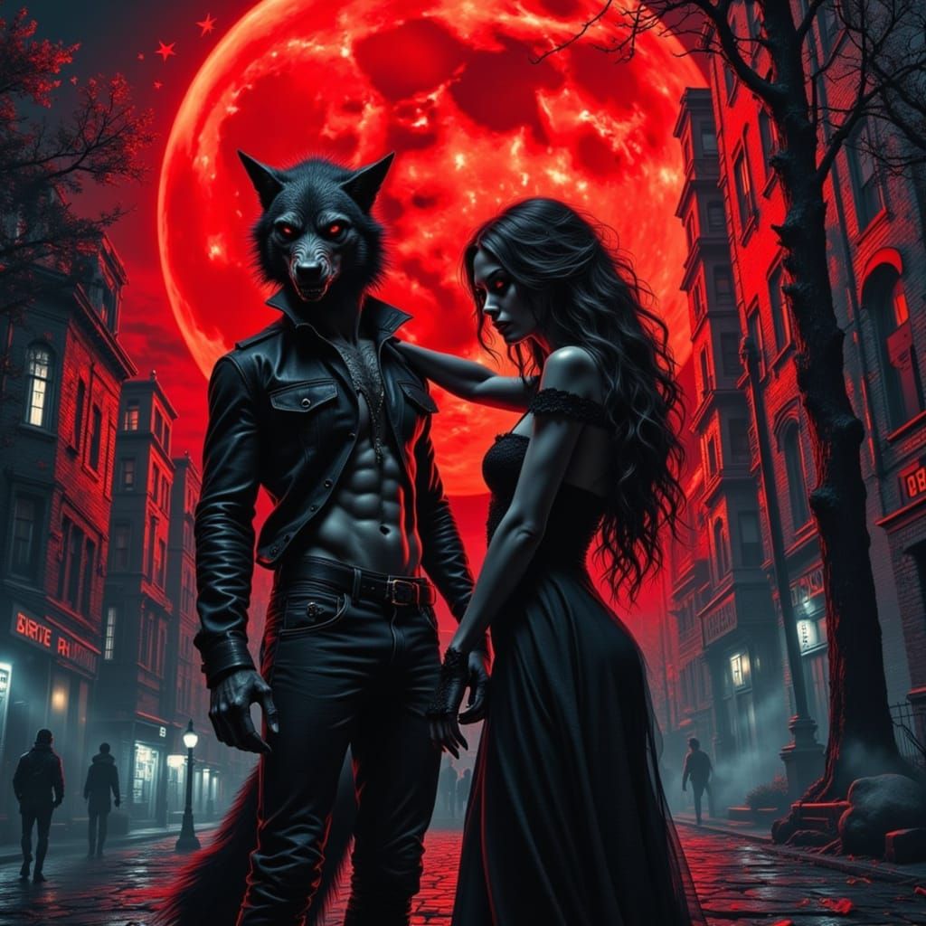 Vampire and Werewolf in Graffiti Cityscape