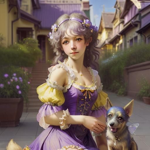 Fairy Town Dog in Art Nouveau Rococo Style