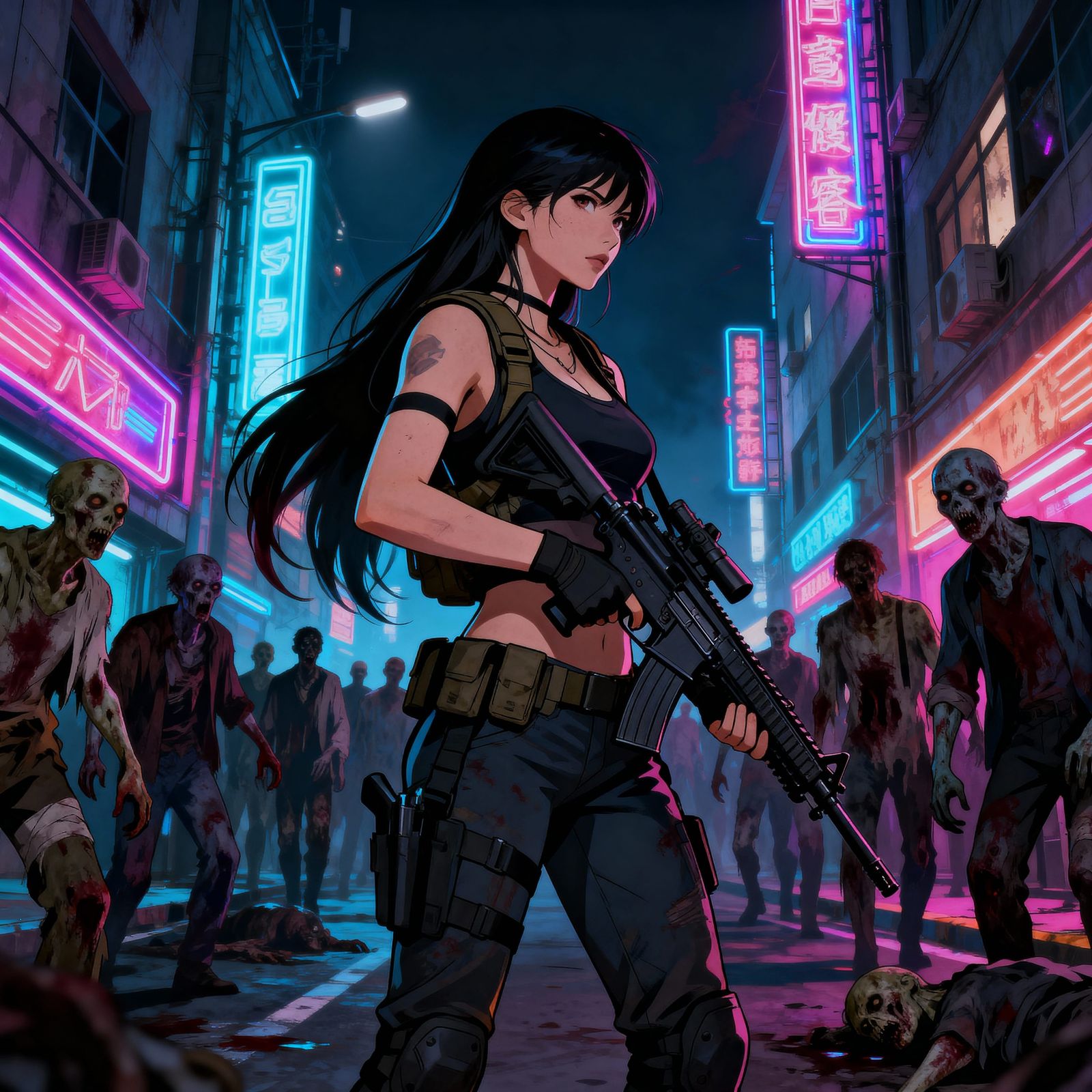 Cyberpunk Warrior Battles Zombies in Neon City