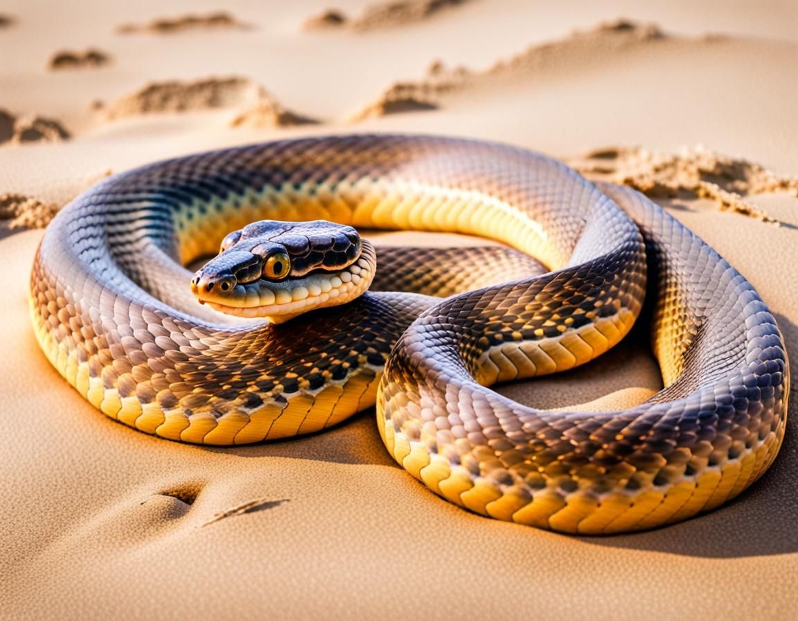 A striped scales snake slithers across a desert