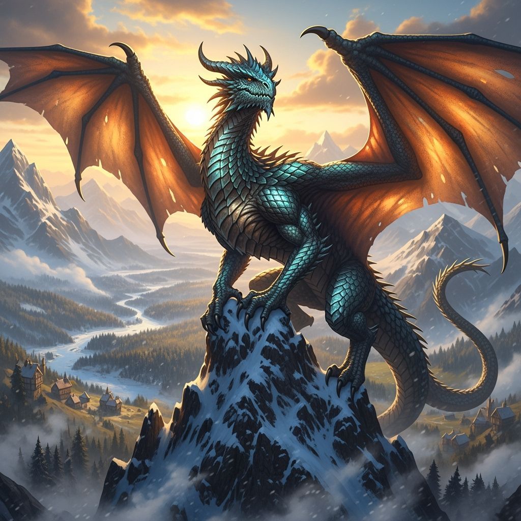 Iridescent Dragon Perched on Snowy Mountain Peak