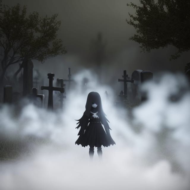 Cute Gothic Plush Ghost in Haunted Graveyard