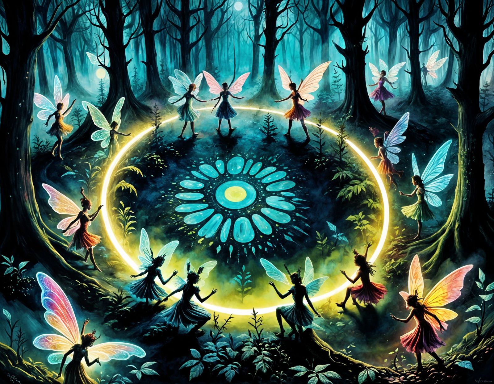 Fairy Ring Dance in Dark Forest, Graffiti Art