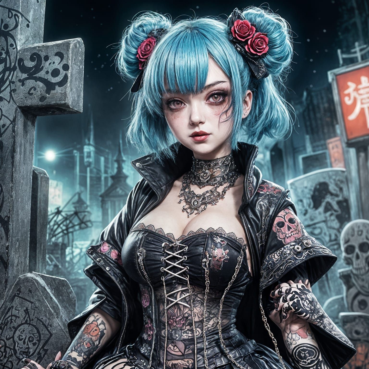Horrorpunk Courtesan in Graveyard, Anime Style