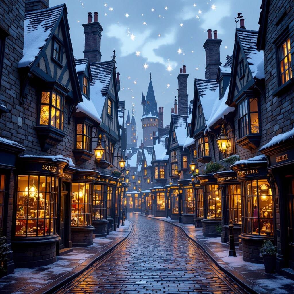 Magical Diagon Alley with Solar Panels and Wind Turbines