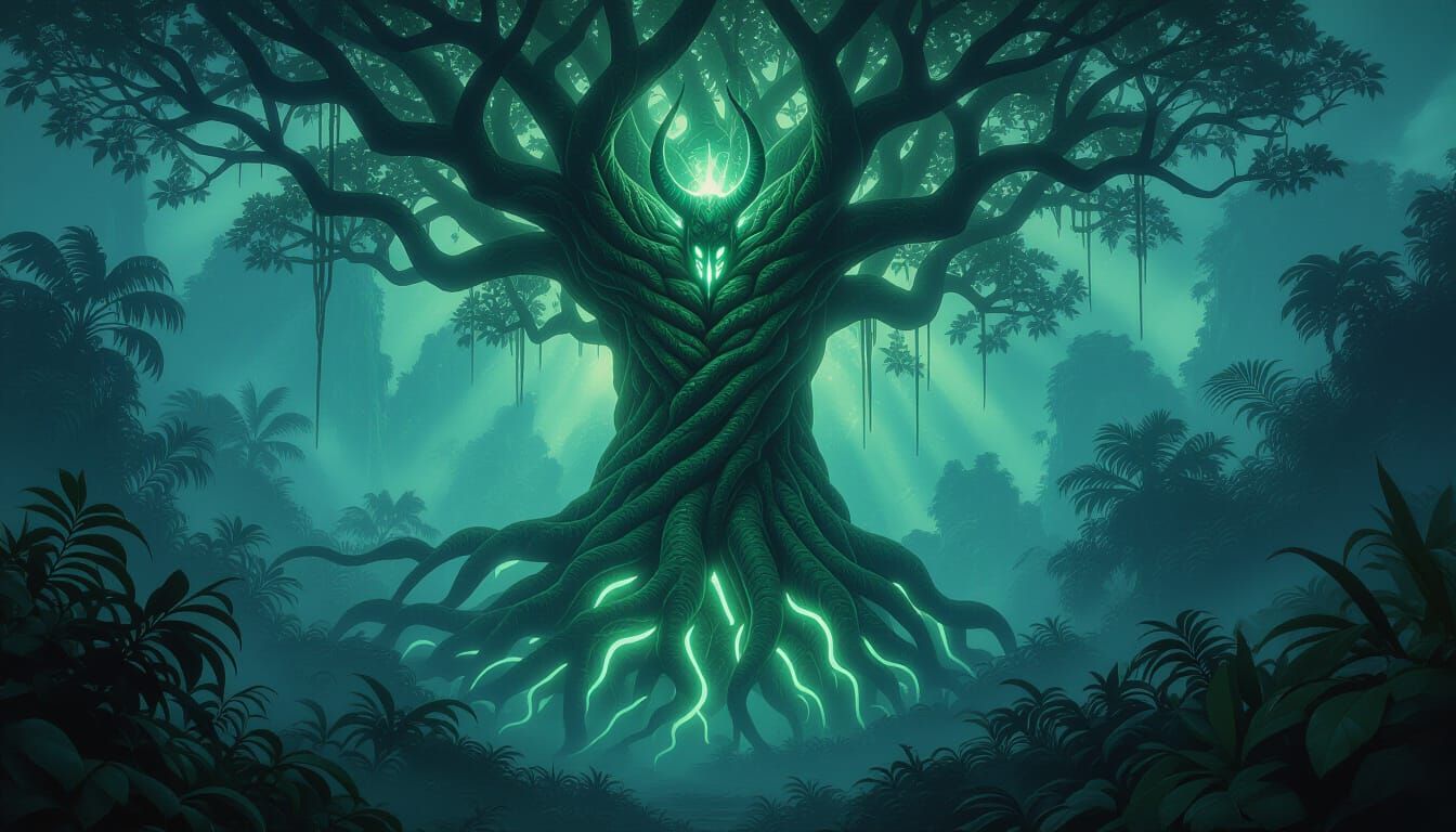 Satanic Figure Entwined With Ancient Bioluminescent Tree
