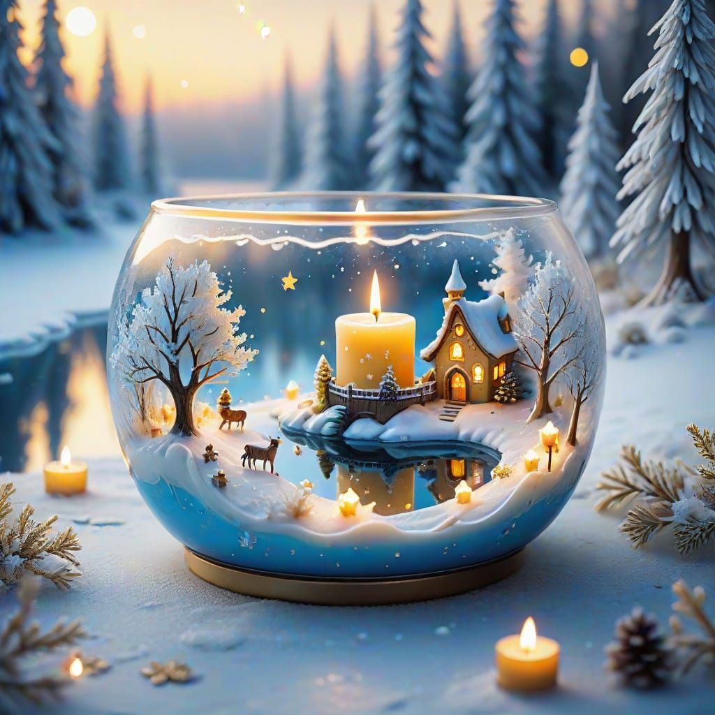 Whimsical Winter Wonderland Scene in a Golden Candle
