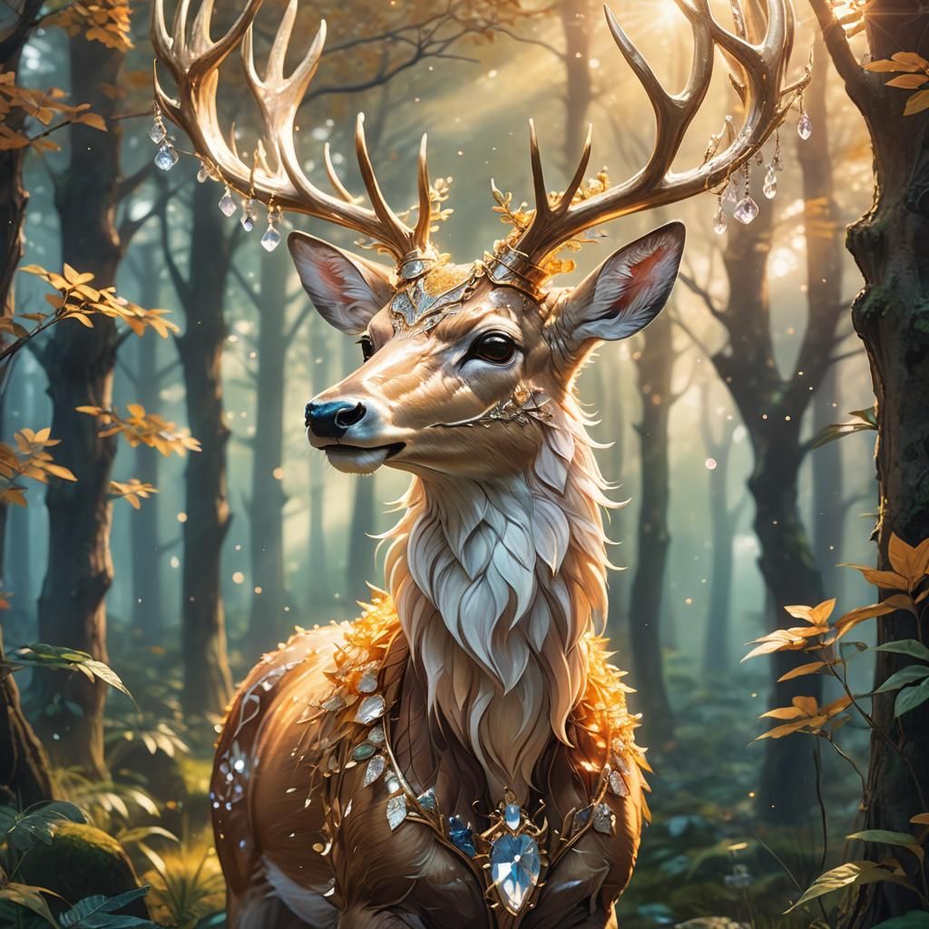 Anime Deer with Crystal Horns in Forest